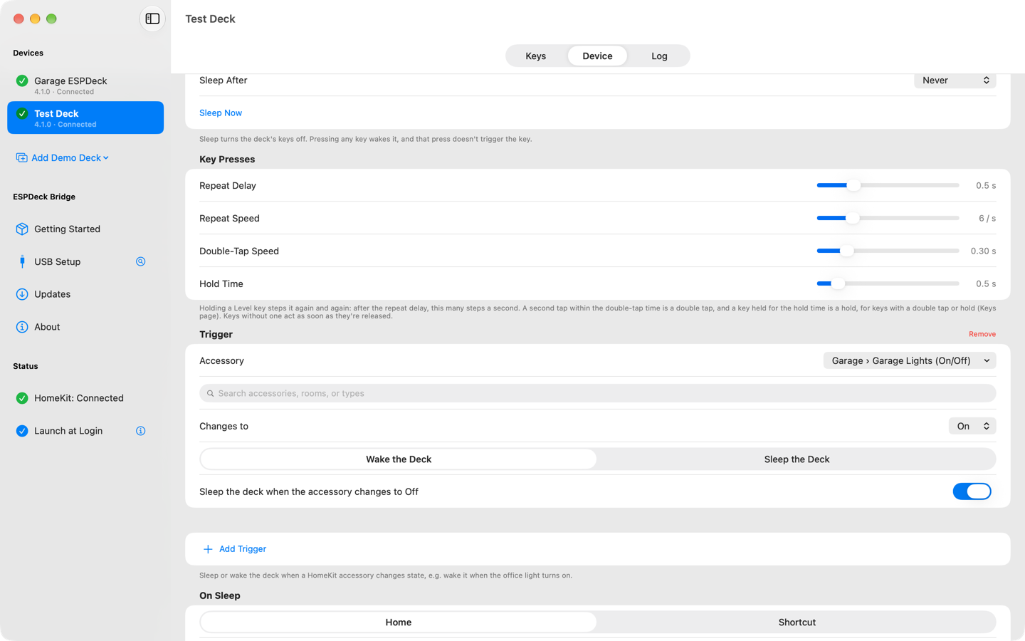 The Device page's Key Presses and Trigger sections.
