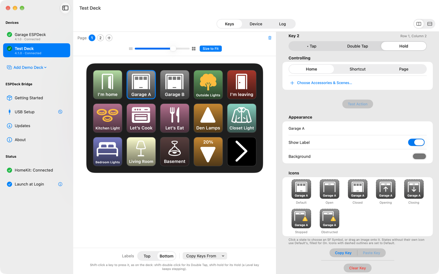 A key's settings with the Hold tab chosen, and its icons for each state of a garage door.