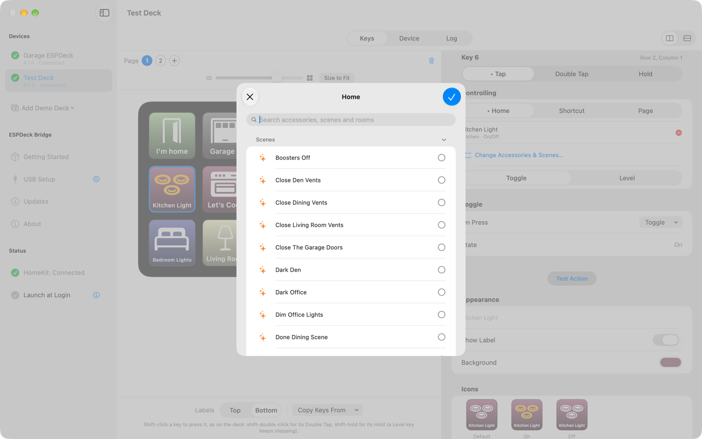 The Home sheet, with a search field and a list of scenes to choose from.