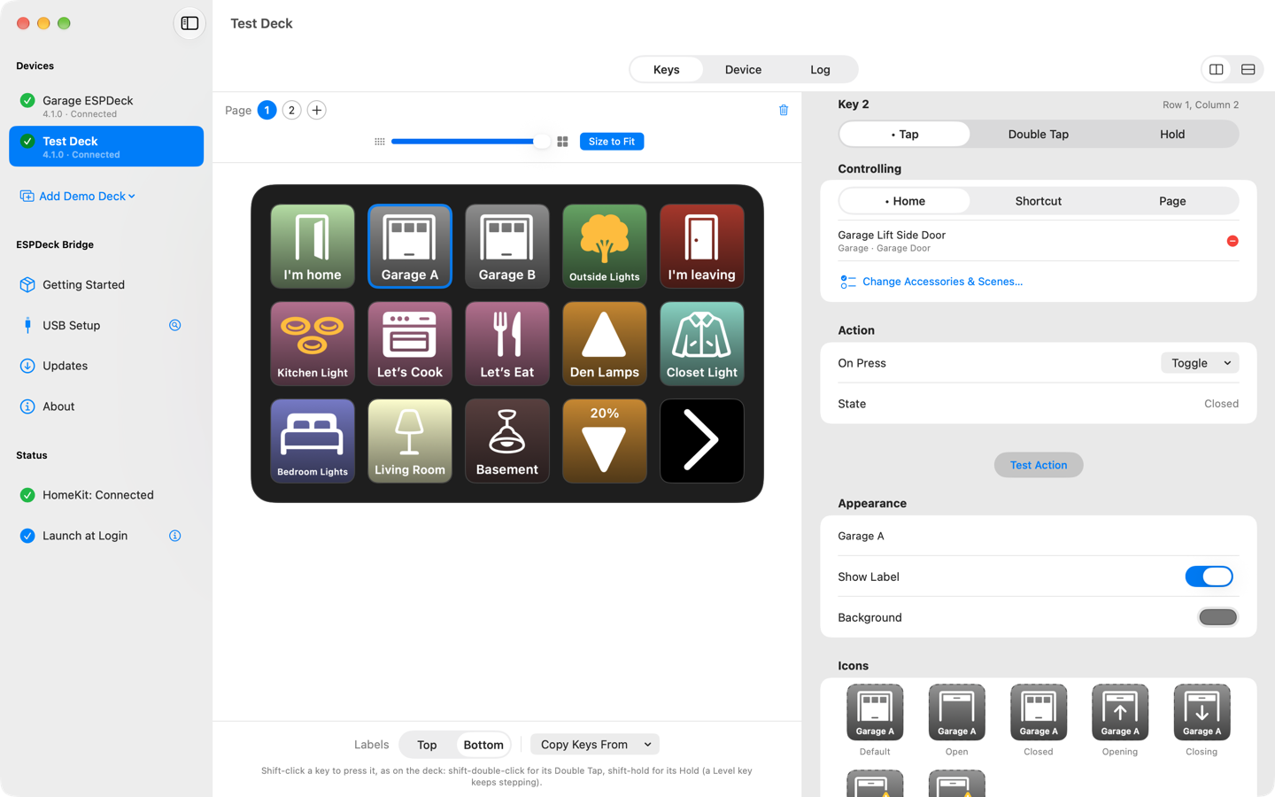 ESPDeck Bridge's Keys page: a 15-key deck with the garage door key selected, and that key's settings beside it.
